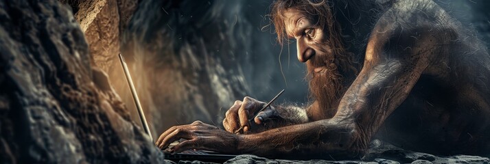 Ancient Stone Age Programmer, Prehistoric Programming, Neanderthal Man Working