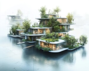 Canvas Print - Futuristic eco-friendly floating houses with lush greenery on a serene lake.