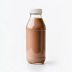 Ultra-realistic image of chocolate protein shake bottle on white background for nutrition and fitness design