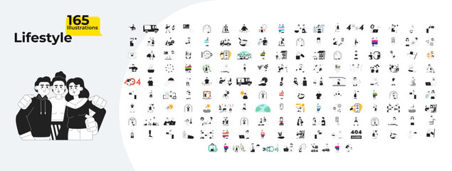 Poster - Multiracial lifestyles outline illustrations mega bundle. Wedding ceremony. LGBT pride. Online shopping. Mental health. Heatstroke 2D linear images isolated. Collection black and white vector drawings