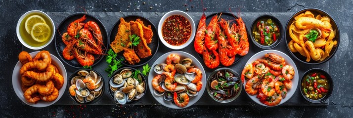 Wall Mural - Beer Snack Mix with Dried Salted Seafood, Wine Snacks Buffet, Spicy Squid, Mussels, Fish Fillet