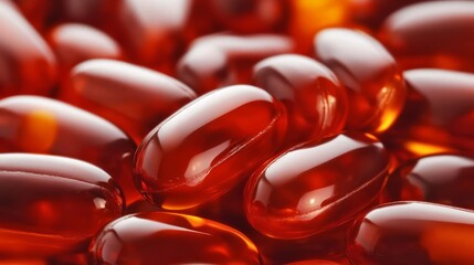 Red Capsules: A vibrant, macro close-up of glossy red capsules, capturing their smooth, translucent surfaces and inviting a sense of health and vitality.  