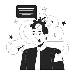 Poster - Business ideas generation black and white 2D illustration concept. Brainstorming office worker man shirt tie outline character isolated. Overload overwhelmed employee metaphor monochrome vector art