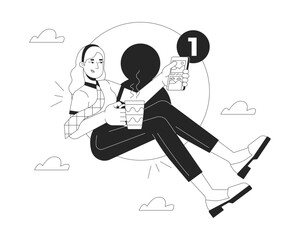 Poster - one new message notification black and white 2d illustration concept. coffee break business woman sc