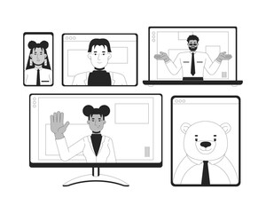 Poster - online team meeting diversity black and white 2d illustration concept. virtual colleagues telework o