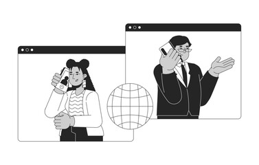 Fototapete - Digital employees communication global black and white 2D illustration concept. Consultation international call making outline characters isolated. Customer service metaphor monochrome vector art