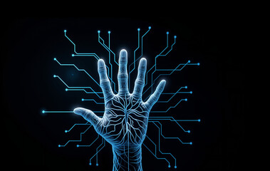 Poster - digital artificial intelligence, hand made of neurons on black background. Generative AI