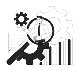 Fototapete - Digital business analytics black and white 2D illustration concept. Cogs charts. Accounting analyst magnifying glass outline character isolated. Competitor analysis metaphor monochrome vector art