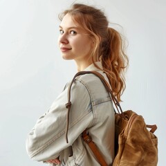 Wall Mural - Young woman in casual outfit, stylish bag, student clothes, comfortable jacket, fashionable handbag