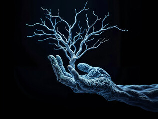 Poster - digital artificial intelligence, hand made of neurons holding tree on black background. Generative AI