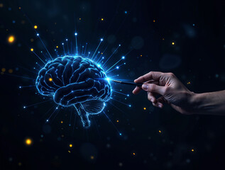 Poster - digital artificial intelligence, hand made of neurons holds brain on black background. Generative AI