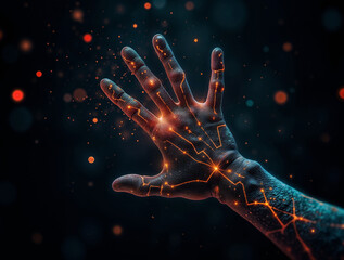 Poster - digital artificial intelligence, hand made of neurons on black background. Generative AI