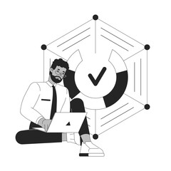 Poster - Digital business statistics black and white 2D illustration concept. Stats businessman typing laptop against pie chart circle grid outline character isolated. Reporting metaphor monochrome vector art