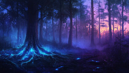 A dense forest at twilight, with tree roots and branches glowing faintly with a bioluminescent light