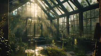 sunbeams illuminate a forgotten greenhouse overgrown with plants