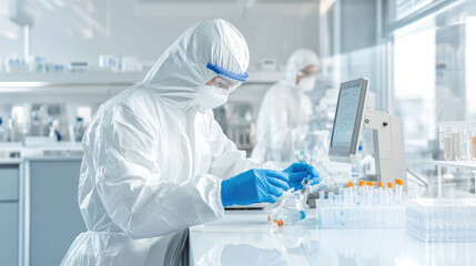 Poster - focused scientist in full protective suit analyzes samples in modern laboratory, showcasing dedication and precision in sterile environment