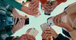 © David/peopleimages.com - Outdoor, people hands with smartphone for connection, networking and share information for location. Group, friends and solidarity with cellphone for mobile app, download or social media by low angle
