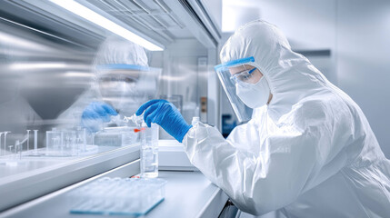 Poster - scientist in full protective suit conducts research in laboratory, showcasing safety and precision in sterile environment