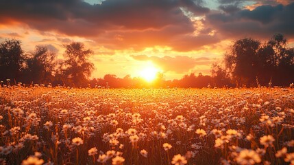 golden sunset over a meadow field in a beautiful natural landscape.