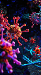 Poster - Vivid macro image of colorful viruses showcasing intricate details and structures, highlighting their unique shapes and textures in microscopic environment