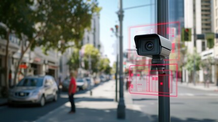 Fototapete - City surveillance camera with computer vision that recognizes objects and faces to identify threats and intelligent traffic control