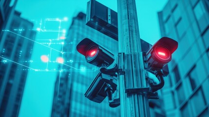 Fototapete - City surveillance camera with computer vision that recognizes objects and faces to identify threats and intelligent traffic control