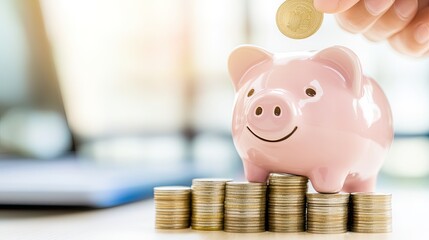 Piggy bank with coins, symbolizing saving money.