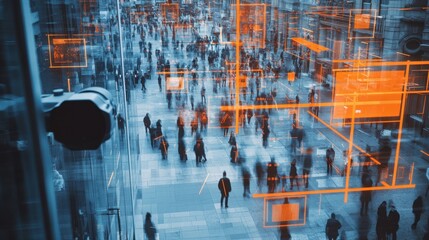 Fototapete - City surveillance camera with computer vision that recognizes objects and faces to identify threats and intelligent traffic control