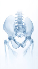 Poster - Anatomical x ray of human pelvis showcasing skeletal structure, highlighting spine and hip bones. This provides clear view of pelvic anatomy