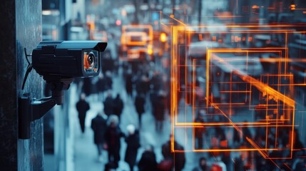Fototapete - City surveillance camera with computer vision that recognizes objects and faces to identify threats and intelligent traffic control
