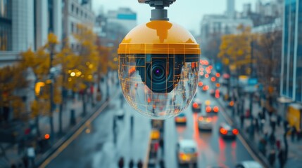 Fototapete - City surveillance camera with computer vision that recognizes objects and faces to identify threats and intelligent traffic control