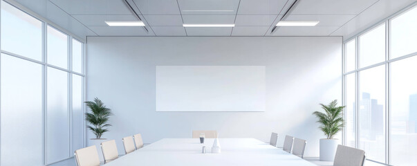 Poster - Bright and spacious meeting room with white ceiling, large windows, and modern furniture, creating inviting atmosphere for collaboration and creativity