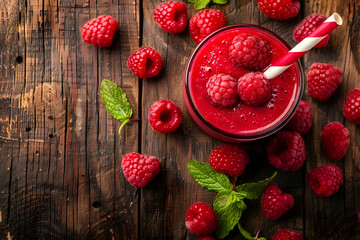 A refreshing raspberry smoothie in a glass, garnished with fresh raspberries and mint, set on a rustic wooden surface.