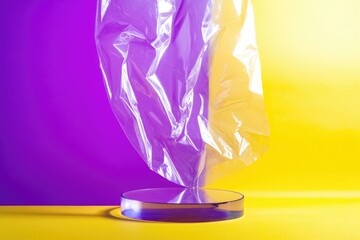 Abstract Minimalism with Plastic Wrap on a Vibrant Purple and Yellow Background