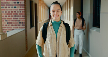 Poster - Happy, hallway and portrait of student at school with backpack for learning, studying or knowledge. Smile, teenager and girl from Portugal in corridor of academy for education class with scholarship.