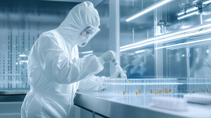 Poster - scientist in protective suit conducts experiments in high tech laboratory, showcasing precision and focus in sterile environment