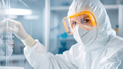 Poster - In sterile lab, scientist in full protective gear is focused on their work, showcasing dedication and precision in controlled environment