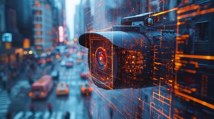 Fototapete - City surveillance camera with computer vision that recognizes objects and faces to identify threats and intelligent traffic control