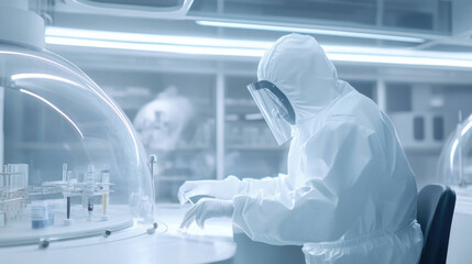 Poster - scientist in full protective suit works diligently in high tech laboratory, surrounded by advanced equipment and glass containers. atmosphere is focused and sterile, emphasizing safety and precision