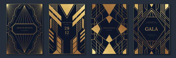 Wall Mural - Luxury gold invitation card design vector. Abstract geometry frame and Art deco pattern background. Use for wedding invitation, cover, VIP card, gala, print, poster and wallpaper. Vector illustration.