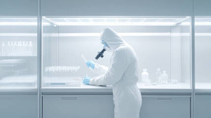 Poster - scientist in sterile lab is examining sample under microscope, wearing full protective suit and gloves. environment is clean and organized, emphasizing safety and precision in research
