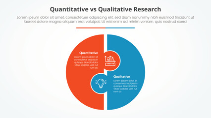 quantitative vs qualitative research data comparison opposite infographic concept for slide presentation with big circle puzzle shape with flat style