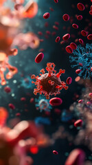 Poster - Macro shot of blood cells and antibodies targeting viruses, showcasing intricate interactions within immune system. This vibrant image highlights dynamic nature of cellular defense