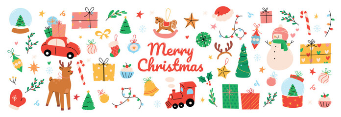 set of decorative christmas element vector illustration. collection of christmas tree, reindeer, bau