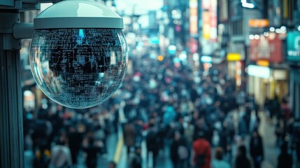 Fototapete - City surveillance camera with computer vision that recognizes objects and faces to identify threats and intelligent traffic control