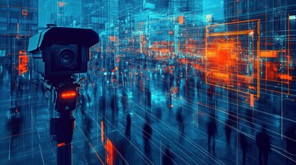 Fototapete - City surveillance camera with computer vision that recognizes objects and faces to identify threats and intelligent traffic control