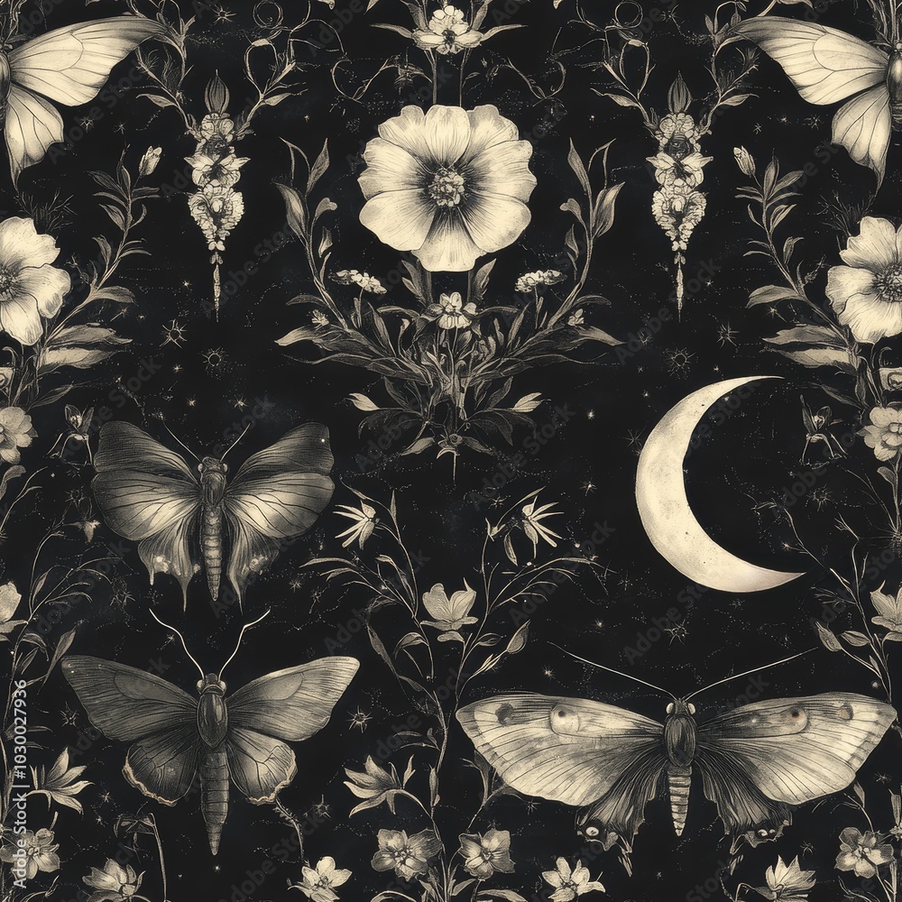 Gothic garden pattern with butterflies, moths, flowers, crescent moon ...
