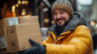 © JKLoma - A delighted customer receives a parcel from a female disabled delivery man with Down syndrome, who beams with happiness.
