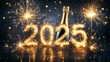 © otticart - happy new year card showing a bottle of champagne with glitter and fireworks in the background