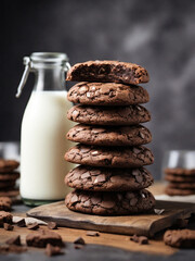 Wall Mural - Freshly baked brownie cookies with milk on the kitchen table.